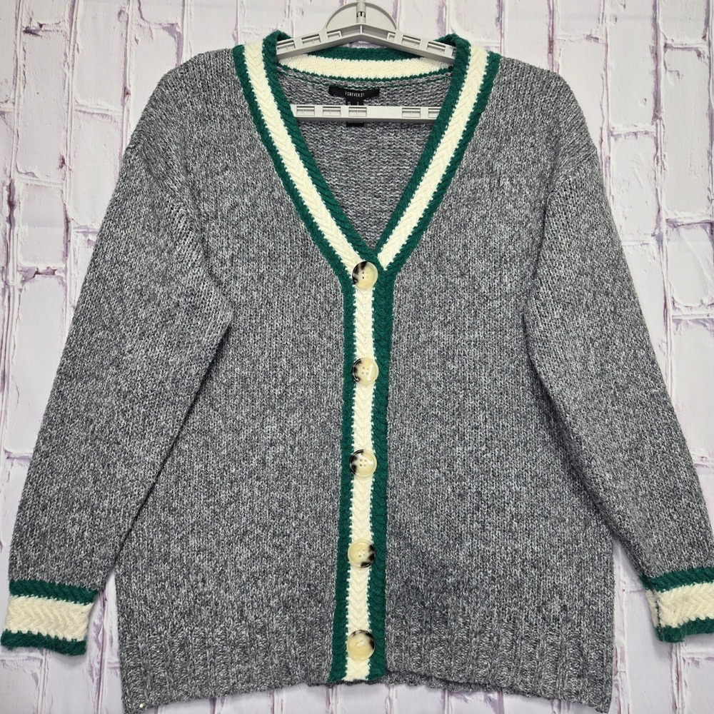 Forever 21 Mens Small Marled‎ Grey Varsity Cardigan Sweater Green Preppy Shawl